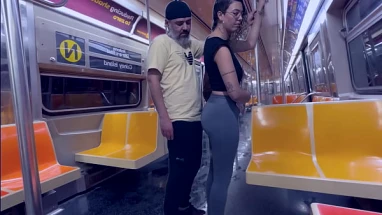 Student girl gets cum on New York subway train.